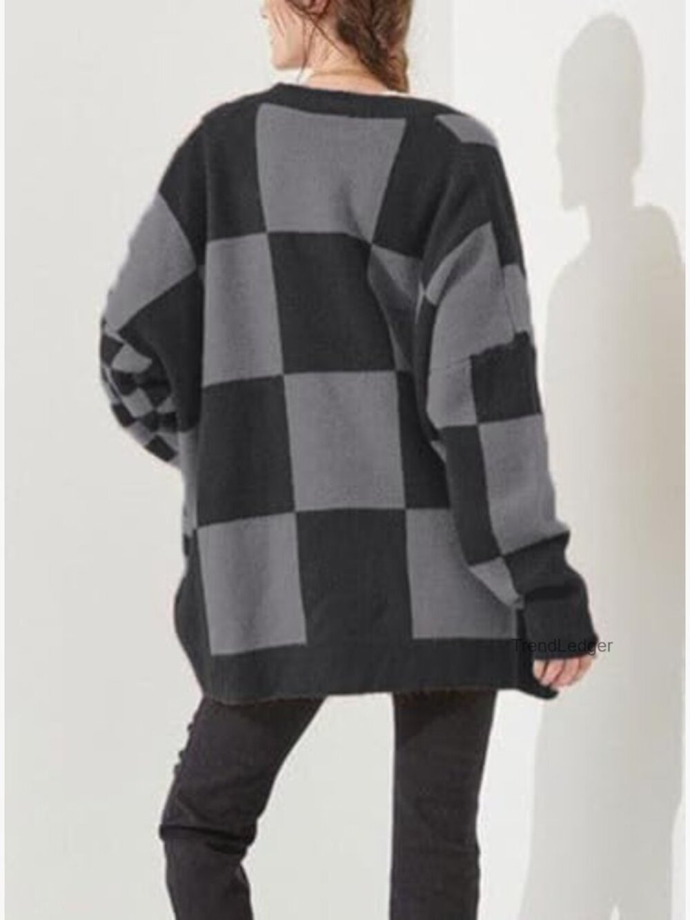 Slouchy Checkered Cardigan Oversized Open Front Plaid Knit Sweater Coat - Picture 3 of 4